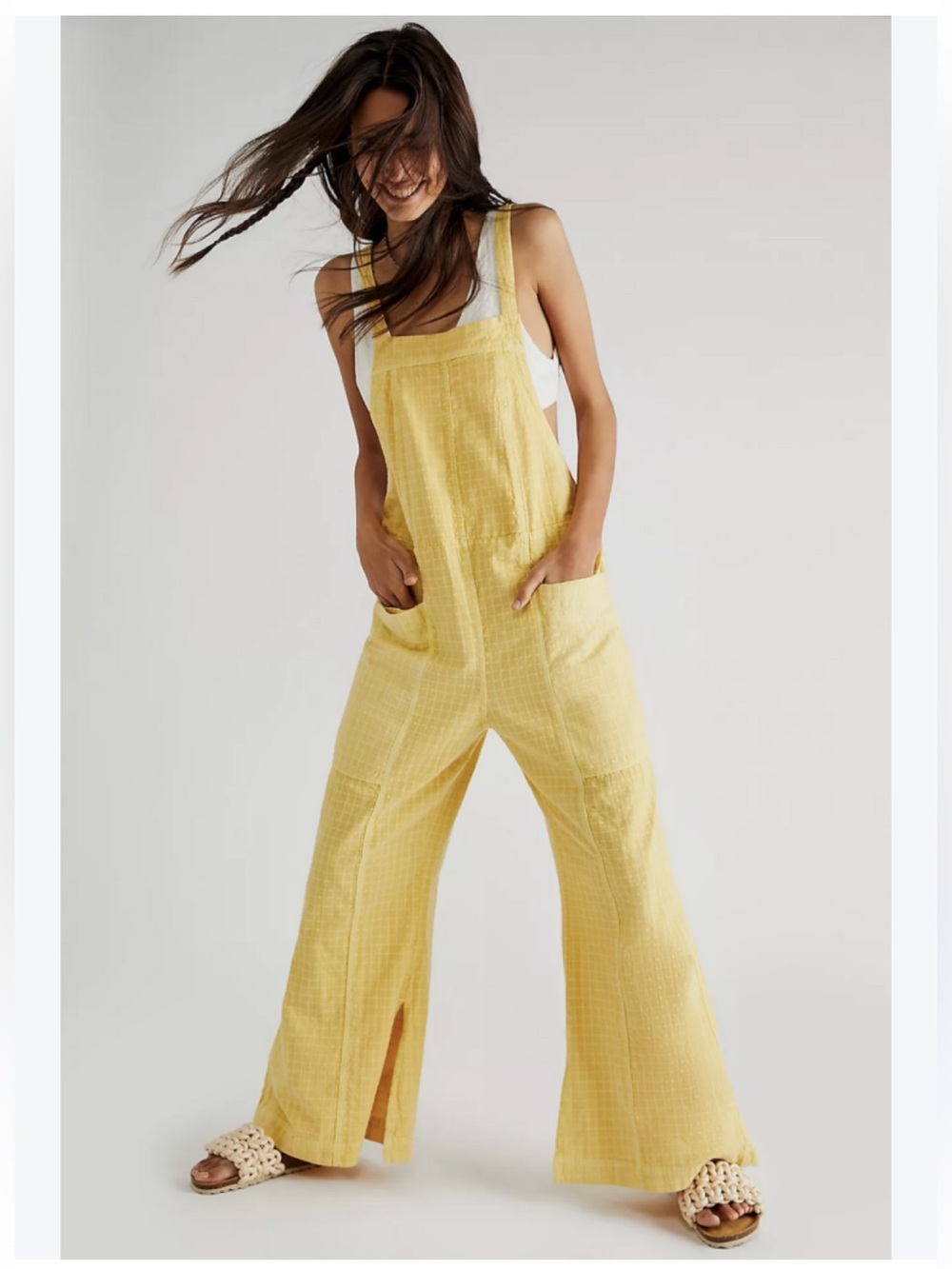 Free People Savannah Yellow Wide-Leg Cotton Overalls Size XL
